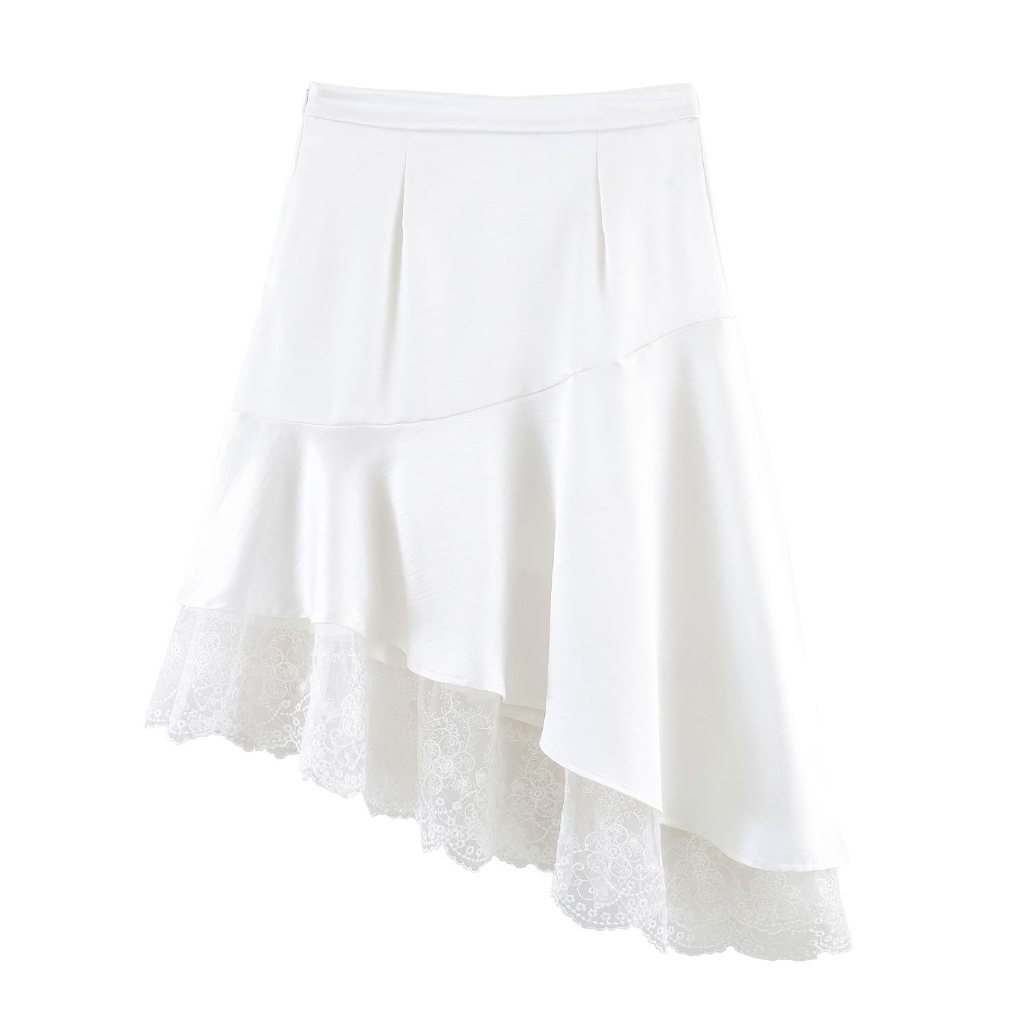 Fashionable Satin Lace Irregular Asymmetric Elegant Stitching Hem Skirt