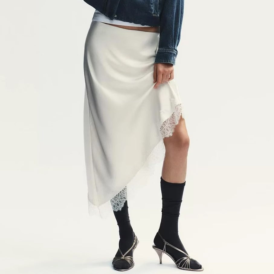 Women Clothing Spring Sexy Satin Acetate Lace Stitching Irregular Asymmetric Skirt