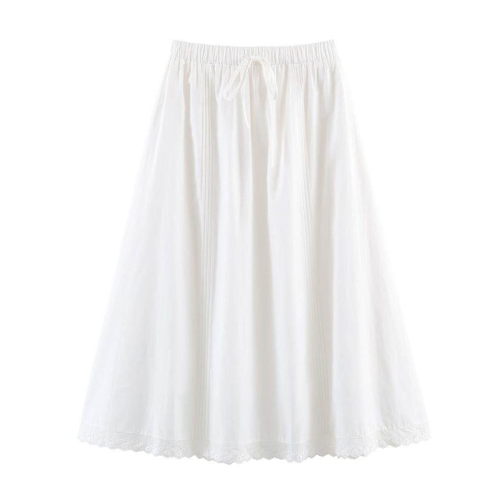Women Clothing Spring French Sweet Relaxed Chic Lace Edge Crumpled Cotton Umbrella Skirt