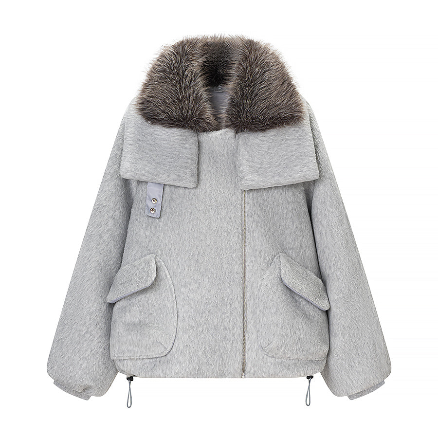 Women Clothing Spring Street Big Fur Collar Woolen Puffer Jacket