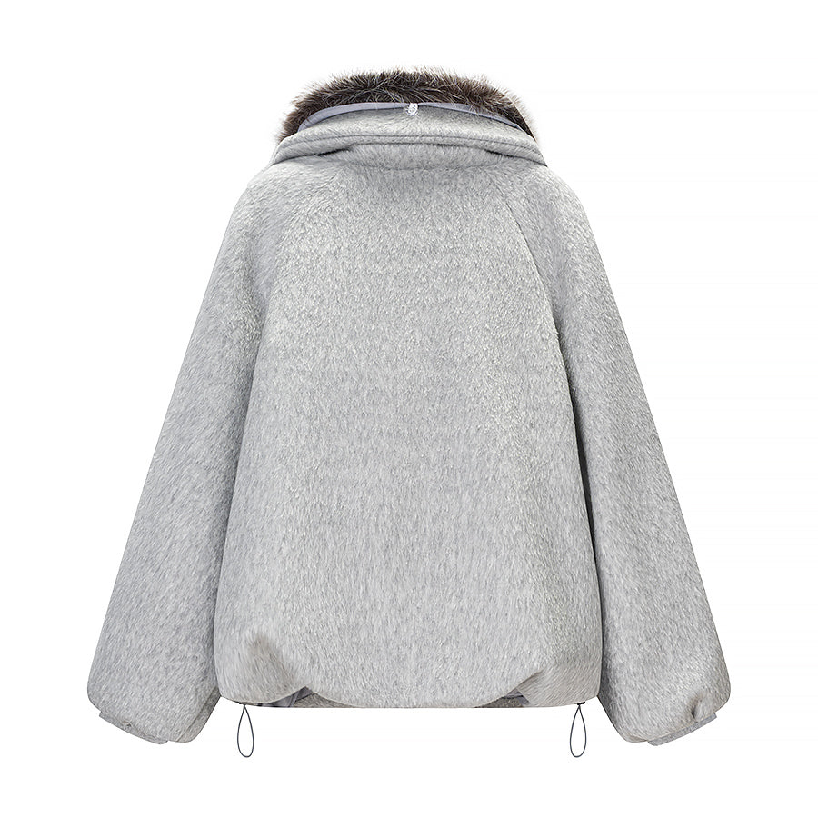 Women Clothing Spring Street Big Fur Collar Woolen Puffer Jacket