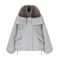 Women Clothing Spring Street Big Fur Collar Woolen Puffer Jacket
