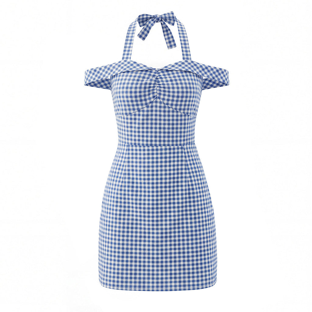 Women French Plaid Sweet Cute Bow Bandage Halterneck off Shoulder Tight Waist Slim Short Dress