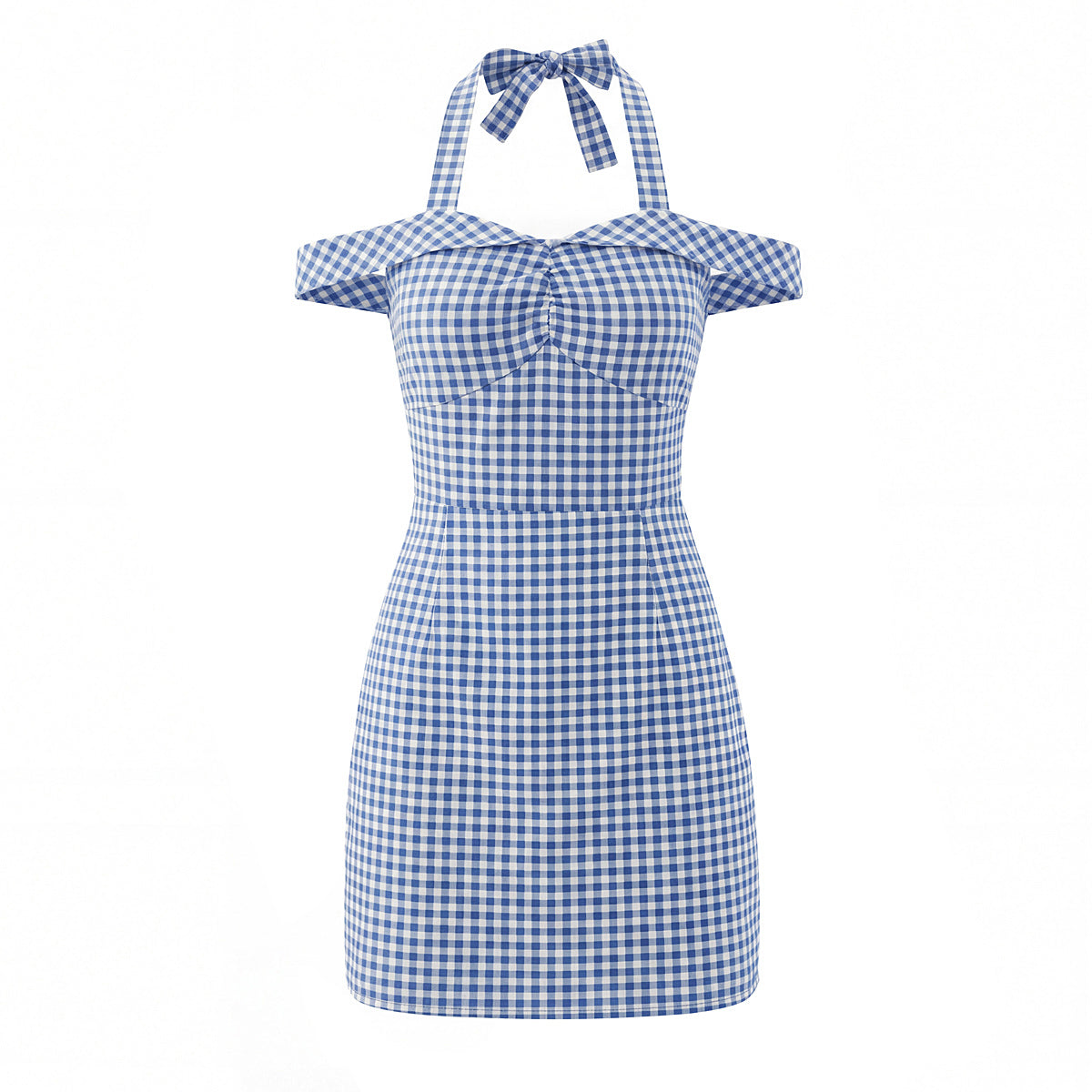 Women French Plaid Sweet Cute Bow Bandage Halterneck off Shoulder Tight Waist Slim Short Dress