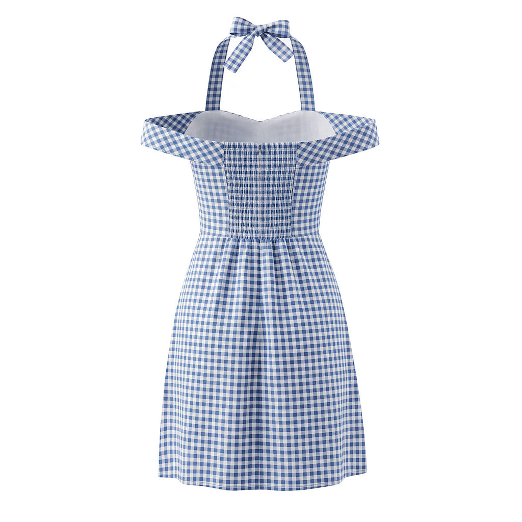 Women French Plaid Sweet Cute Bow Bandage Halterneck off Shoulder Tight Waist Slim Short Dress