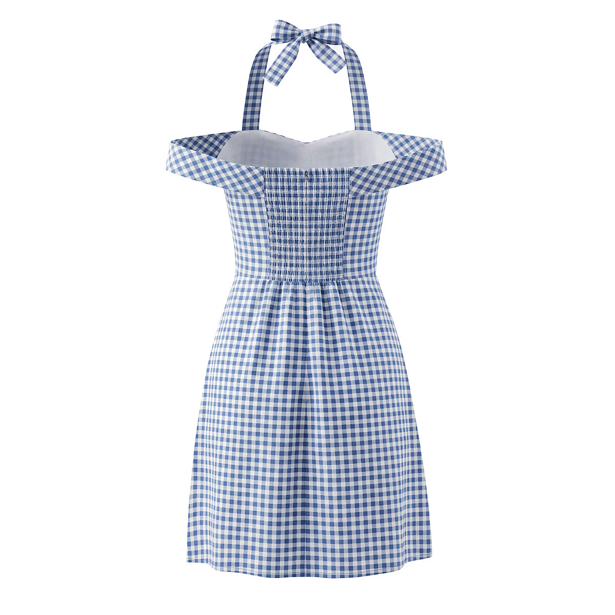 Women French Plaid Sweet Cute Bow Bandage Halterneck off Shoulder Tight Waist Slim Short Dress