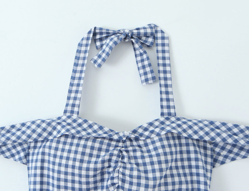 Women French Plaid Sweet Cute Bow Bandage Halterneck off Shoulder Tight Waist Slim Short Dress