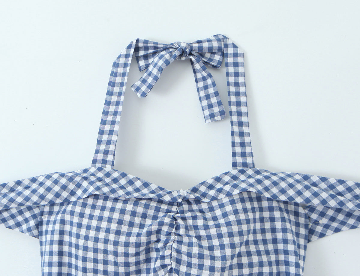 Women French Plaid Sweet Cute Bow Bandage Halterneck off Shoulder Tight Waist Slim Short Dress