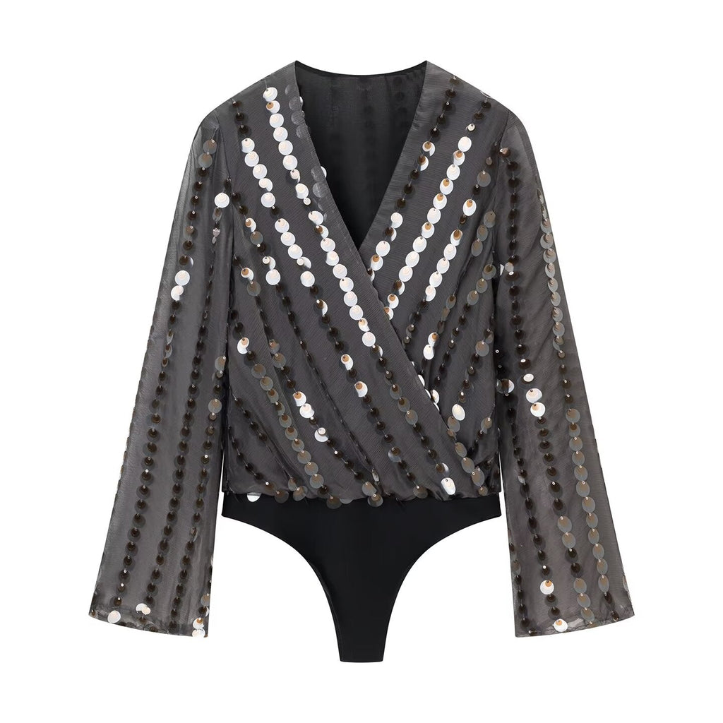 Women Clothing Spring Women Long Sleeve V neck Beads Decoration Jumpsuit