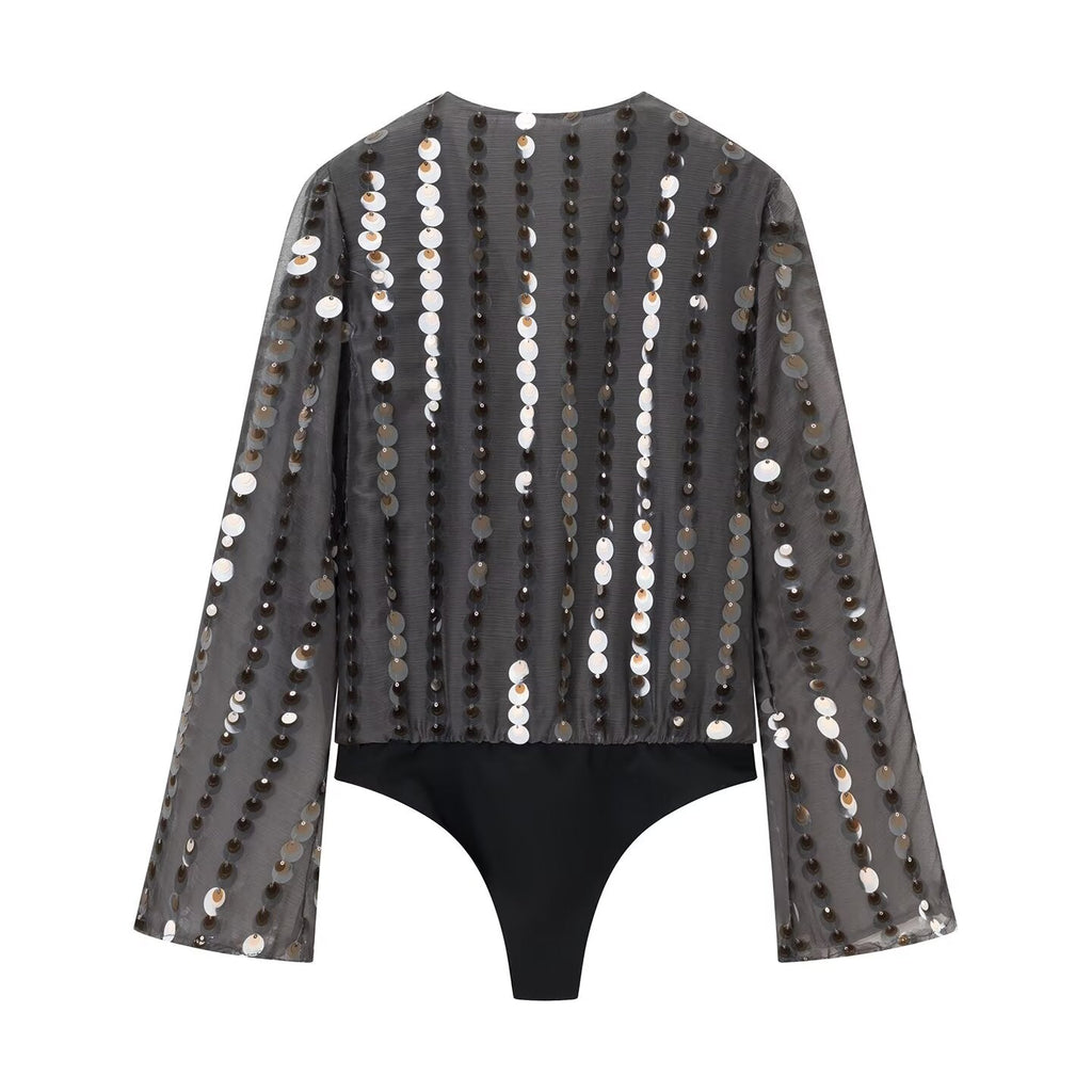 Women Clothing Spring Women Long Sleeve V neck Beads Decoration Jumpsuit