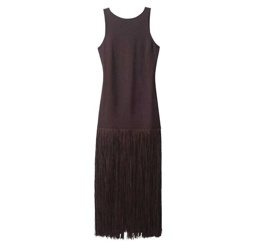 Women Clothing Spring Elegant Lady Slim Sleeveless Tassel Dress