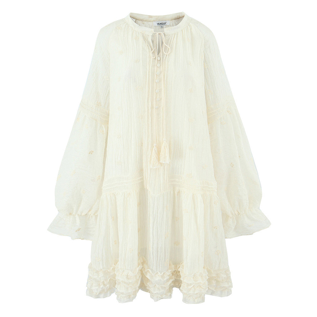 Summer Women Clothing French Gentle Fresh Cute Youth Looking Stringy Selvedge Flare Sleeve Fairy Temperamental Short Dress