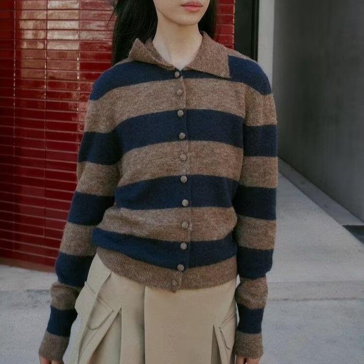 Spring Casual Simple Striped Design Polo Collar Knitwear Women