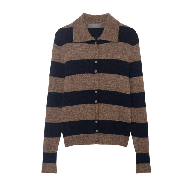 Spring Casual Simple Striped Design Polo Collar Knitwear Women