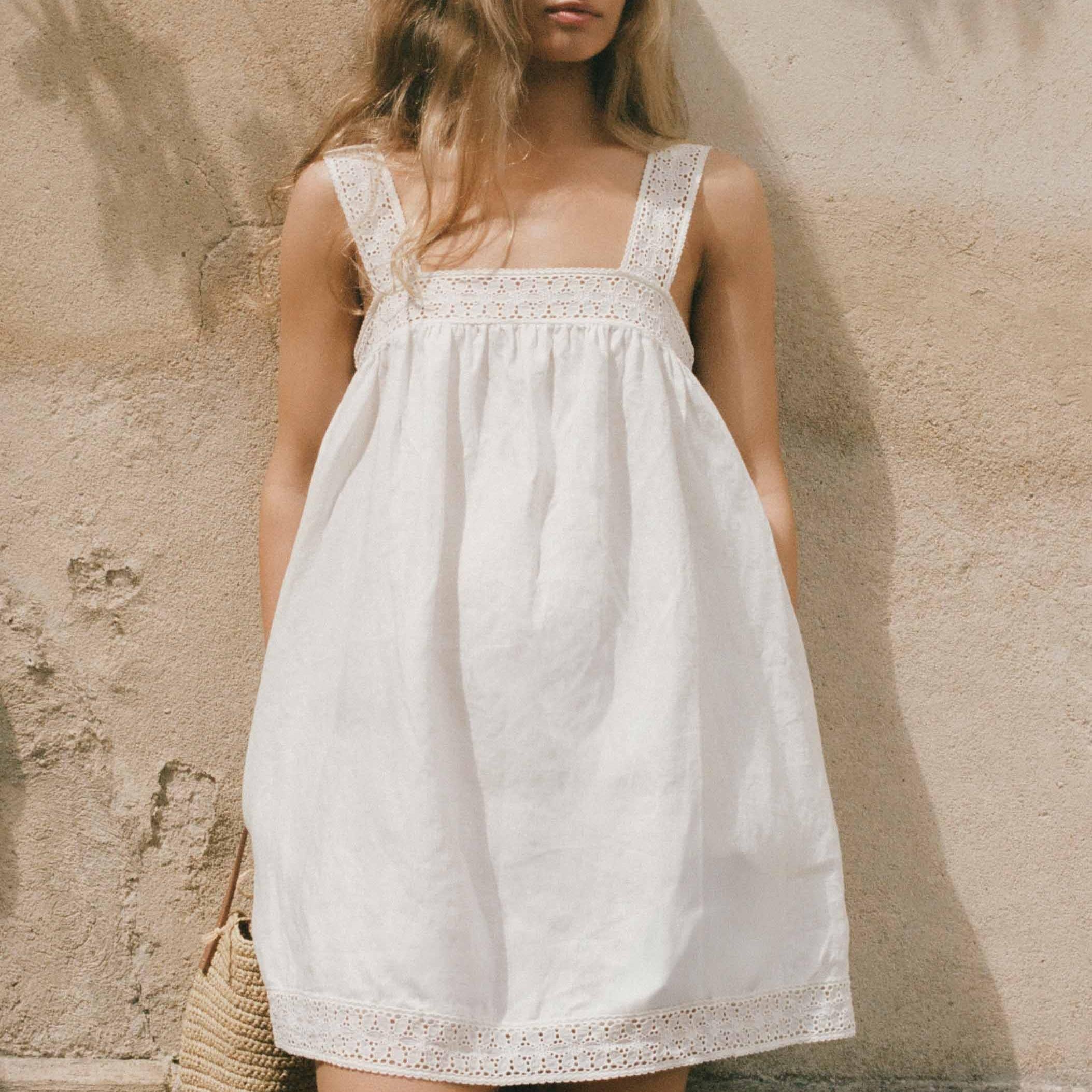 Women Lace Stitching Cami Dress Summer Loose Slimming White Holiday Short Dress