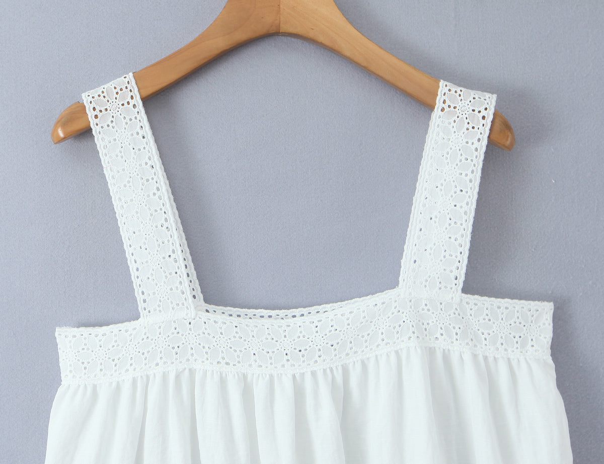 Women Lace Stitching Cami Dress Summer Loose Slimming White Holiday Short Dress