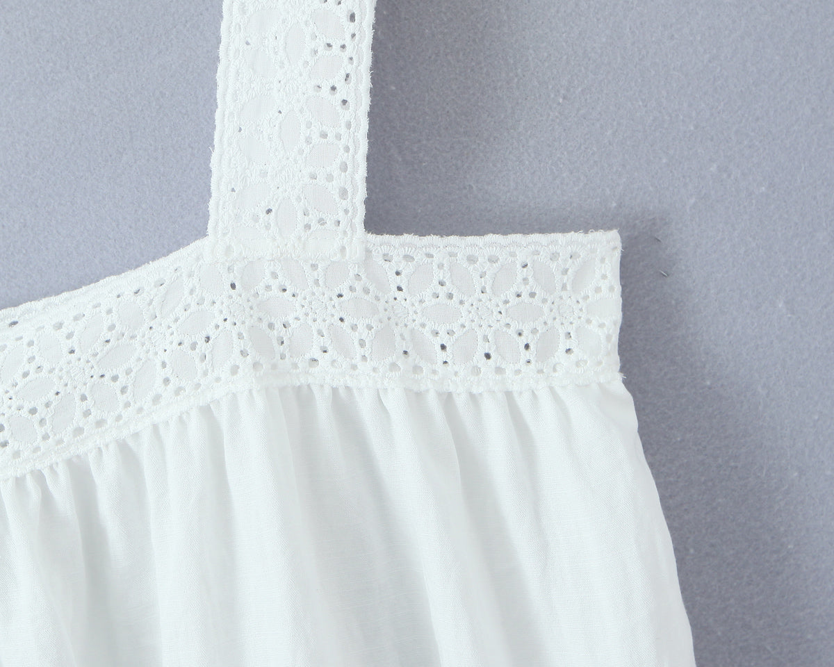 Women Lace Stitching Cami Dress Summer Loose Slimming White Holiday Short Dress