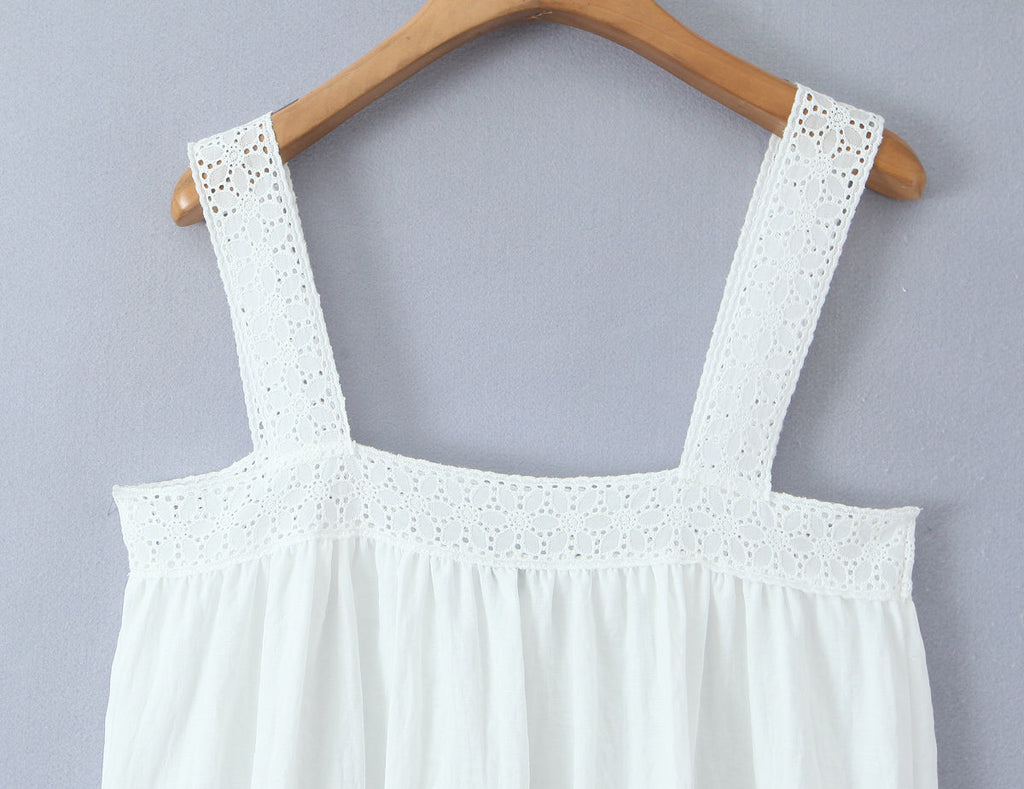 Women Lace Stitching Cami Dress Summer Loose Slimming White Holiday Short Dress