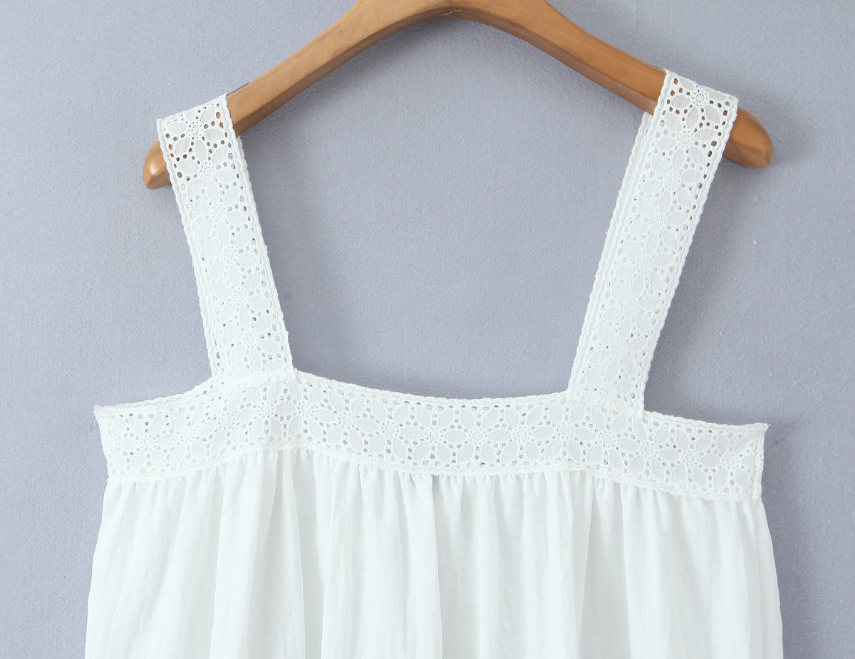 Women Lace Stitching Cami Dress Summer Loose Slimming White Holiday Short Dress