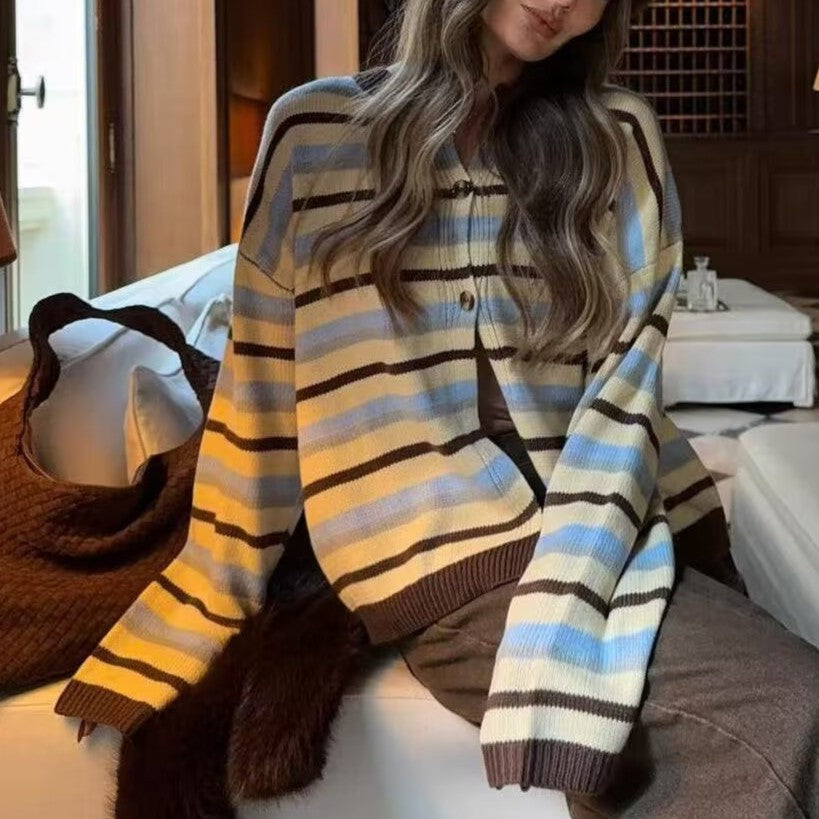 Round Neck Long Sleeve Loose Contrast Color Striped Lazy Knitted Sweater Women