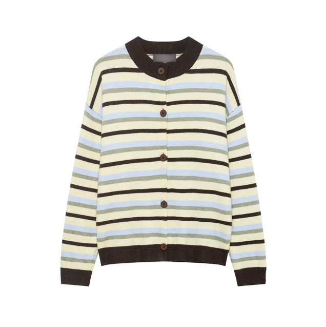Round Neck Long Sleeve Loose Contrast Color Striped Lazy Knitted Sweater Women