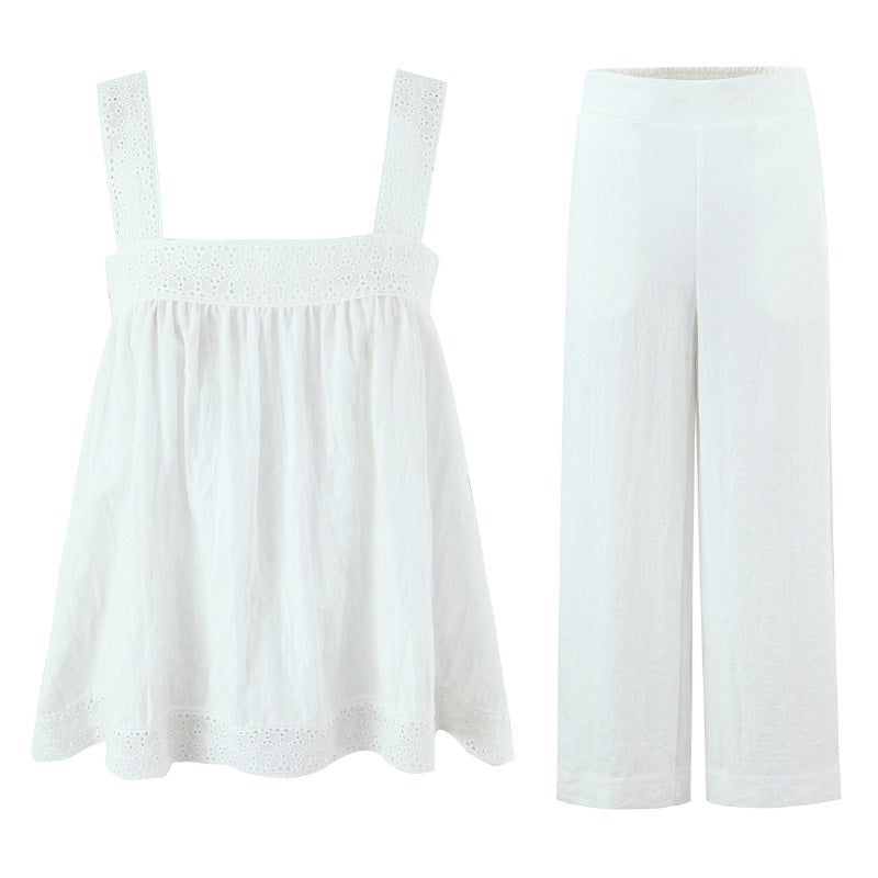 White Lace Sleeveless Shirt Trousers Women Summer Design French Shirt Wide Leg Pants Sets
