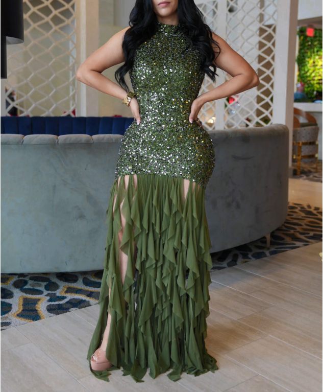 Elegant Women Wear Sexy Slim Sequin Mesh Stitching Dress