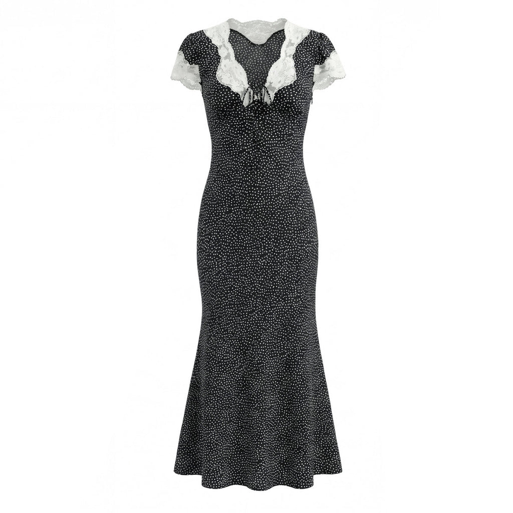 French Retro Beautiful Seaside Vacation Maxi Dress Lace Stitching Polka Dot Elegant Graceful Dress