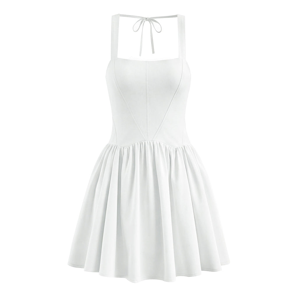 Early Spring French Vintage Sexy Square Collar Strap Halter Pleated Mini Dress