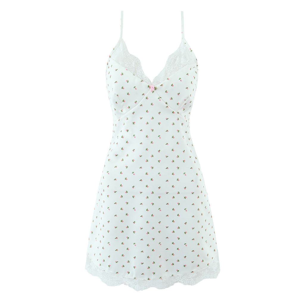 Sexy Spring Blogger Lace Stitching Three Dimensional Small Floral Satin Printing Slip Dress