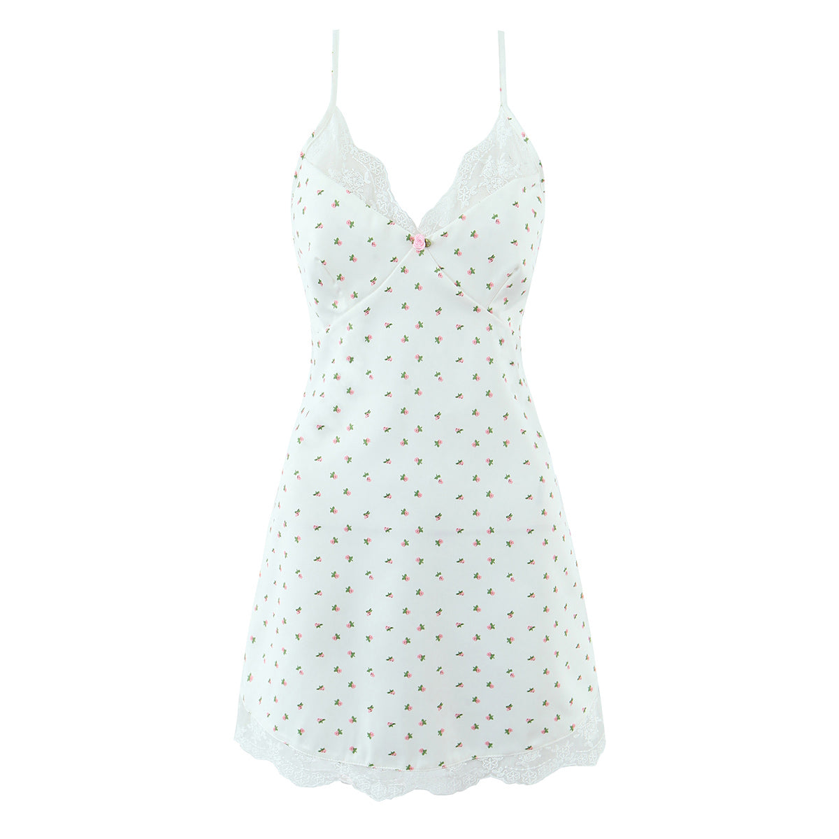 Sexy Spring Blogger Lace Stitching Three Dimensional Small Floral Satin Printing Slip Dress