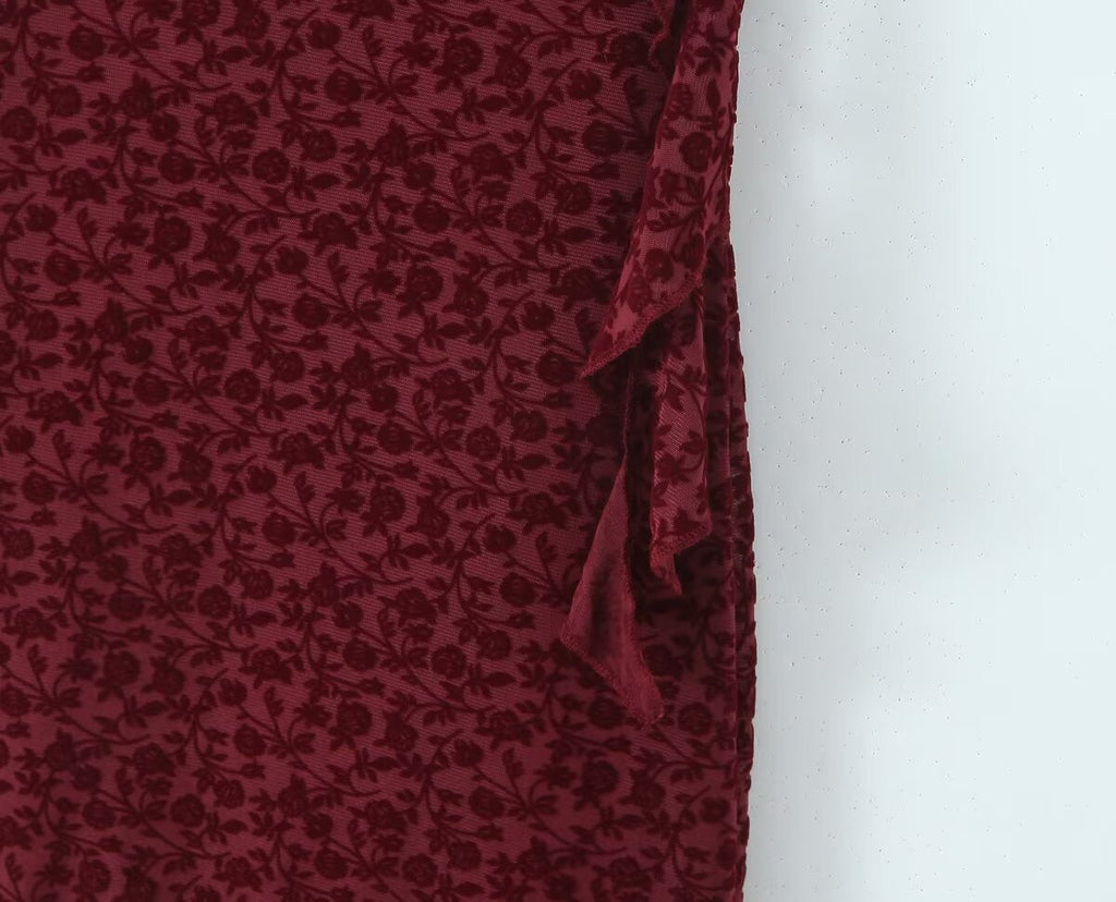 Sexy Cute Deep V Plunge neck Bow Flocked Printed Tight Waist A line Dress Ruffled Sexy Dress