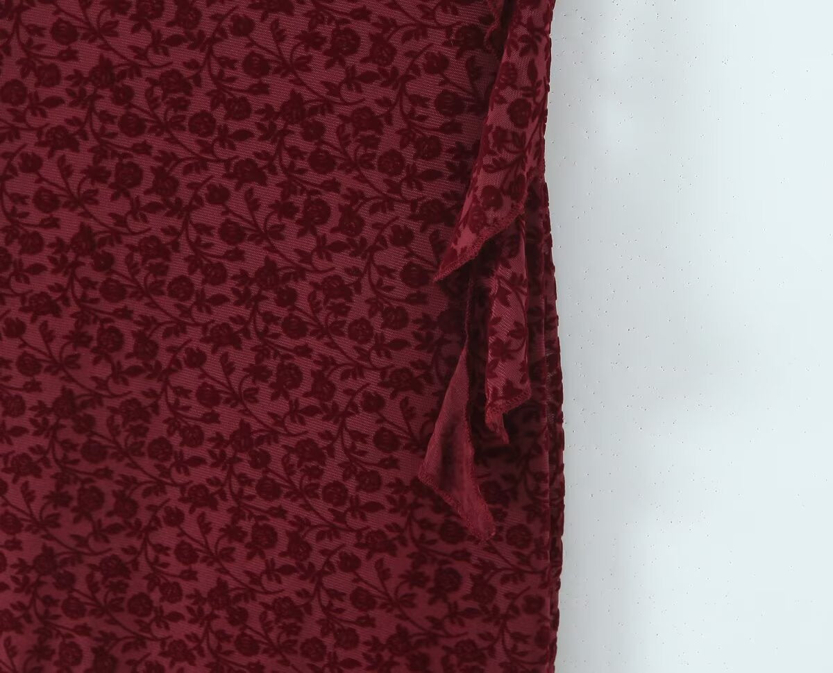 Sexy Cute Deep V Plunge neck Bow Flocked Printed Tight Waist A line Dress Ruffled Sexy Dress