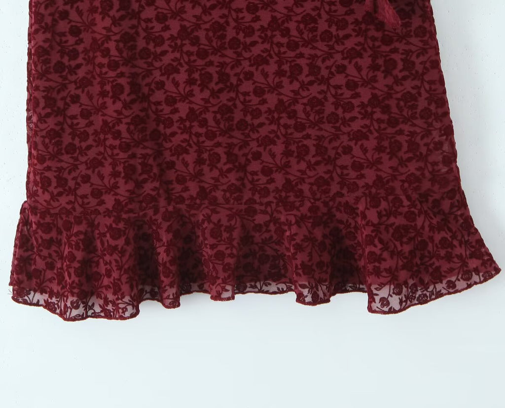 Sexy Cute Deep V Plunge neck Bow Flocked Printed Tight Waist A line Dress Ruffled Sexy Dress