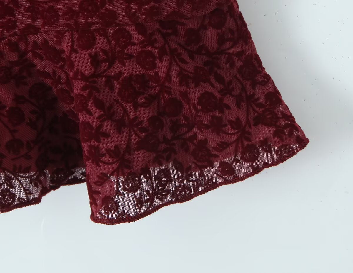Sexy Cute Deep V Plunge neck Bow Flocked Printed Tight Waist A line Dress Ruffled Sexy Dress