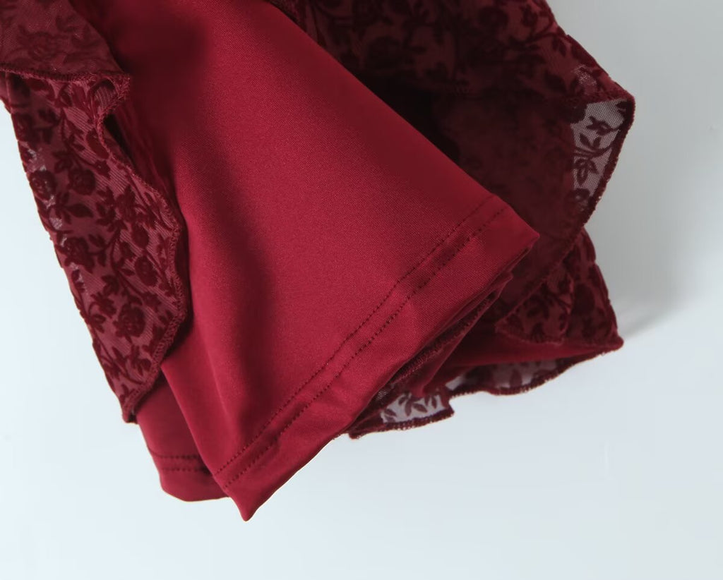 Sexy Cute Deep V Plunge neck Bow Flocked Printed Tight Waist A line Dress Ruffled Sexy Dress