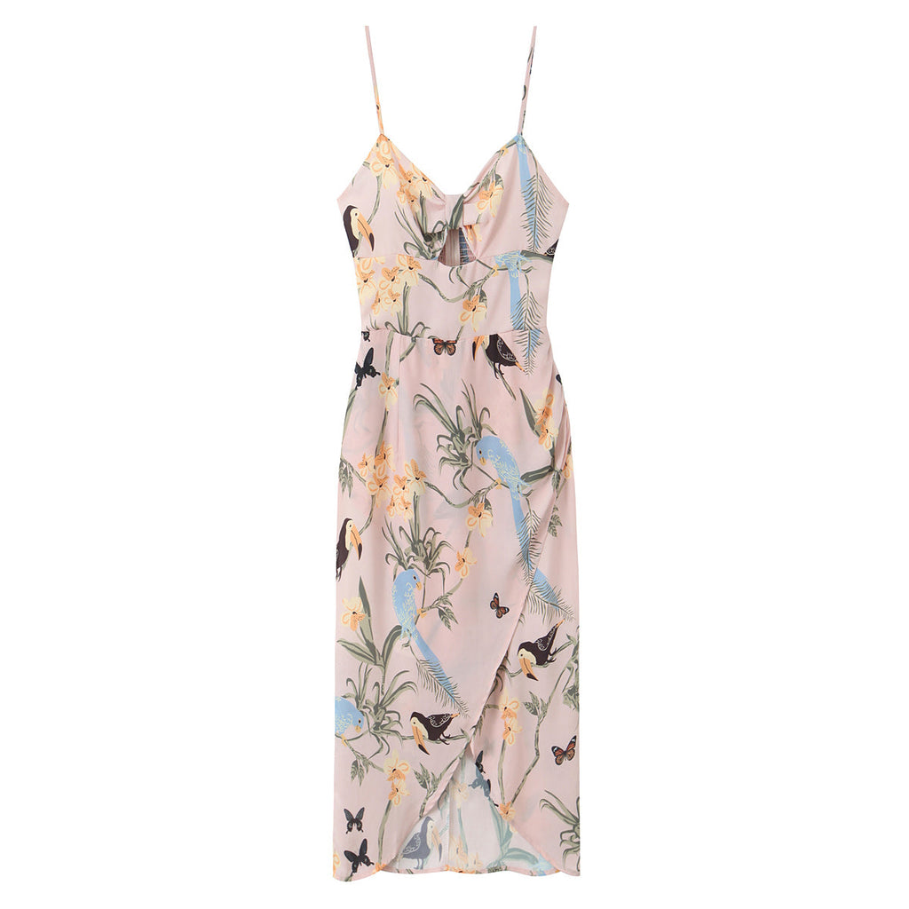 Sexy Cutout V neck Retro Floral Print Slit Cami Dress Tight Waist Slim Fit Holiday Midi Dress