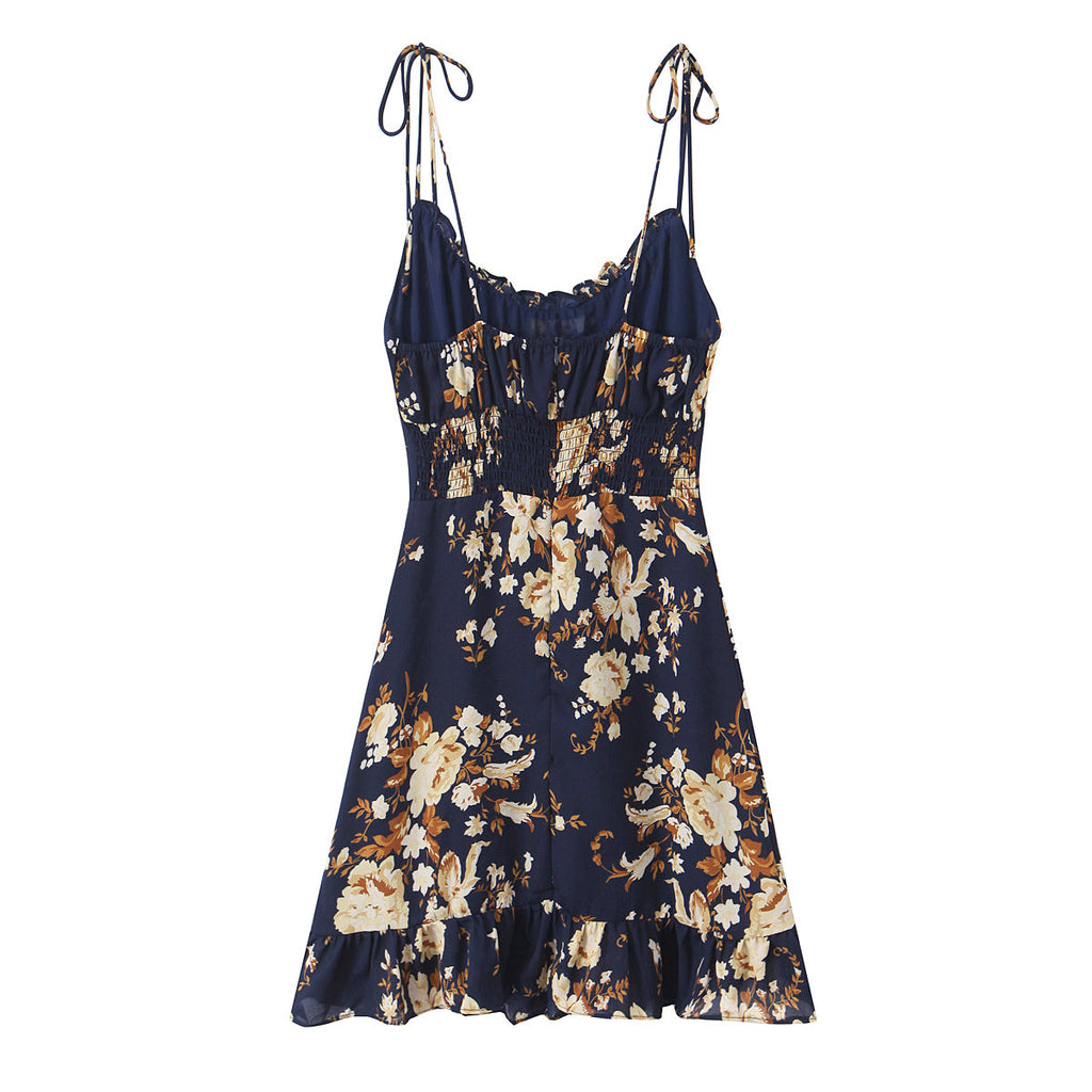 Women Printed Wooden Ear Slim Fit Slimming Spaghetti Straps Dress