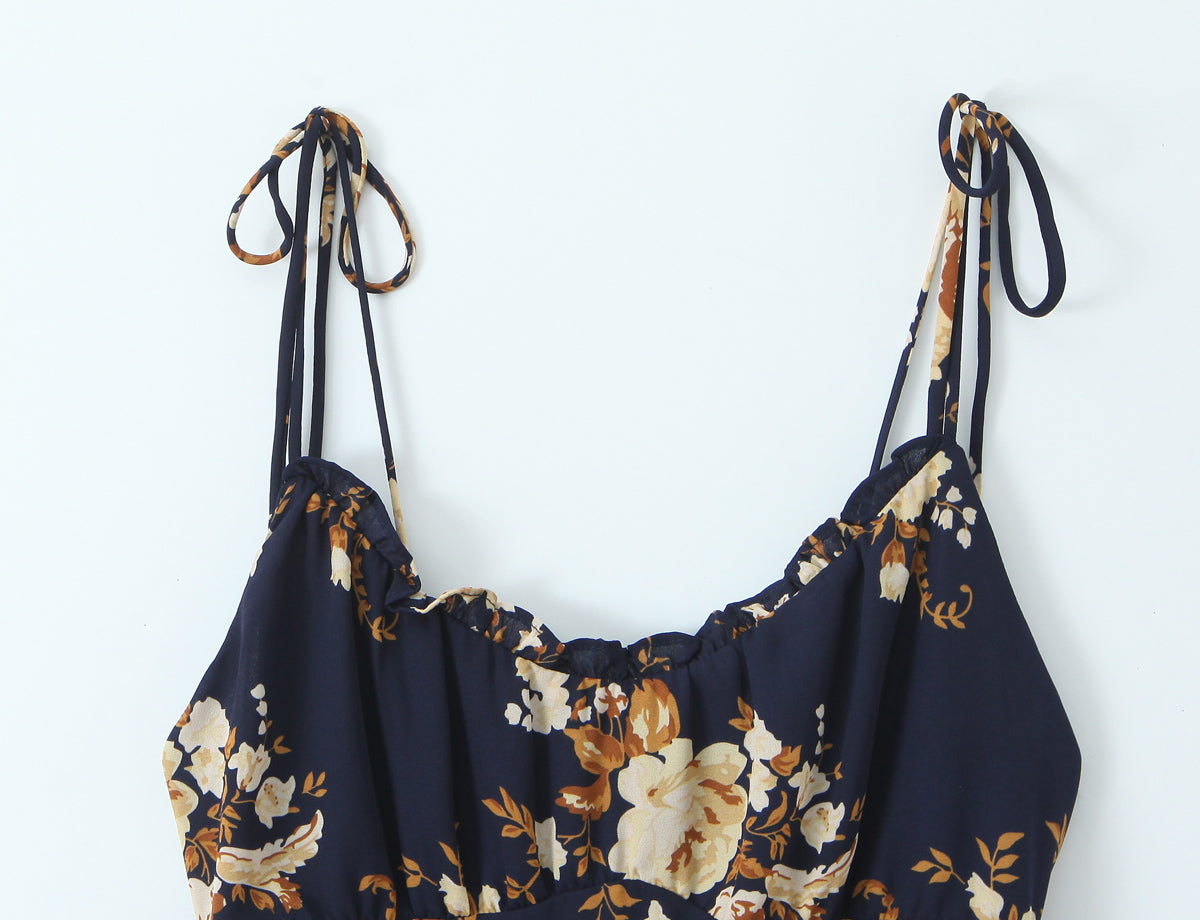 Women Printed Wooden Ear Slim Fit Slimming Spaghetti Straps Dress