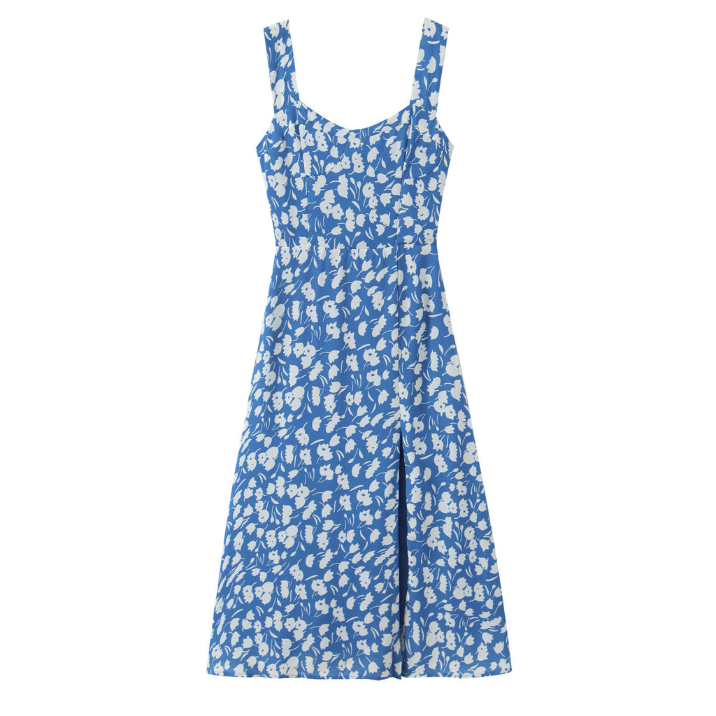 Women Summer Pastoral Printed Mini Dress A line Short Skirt Lace up Slim Chiffon Cami Dress