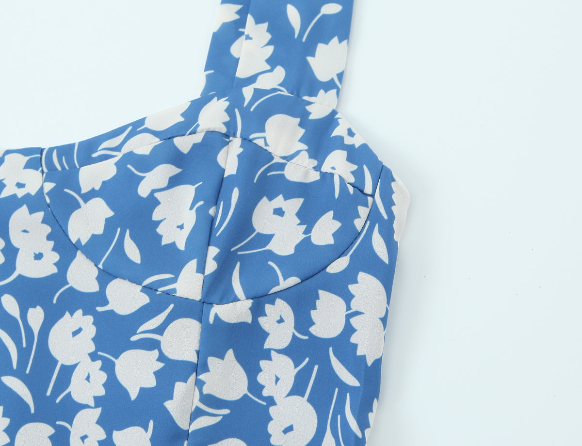 Women Summer Pastoral Printed Mini Dress A line Short Skirt Lace up Slim Chiffon Cami Dress