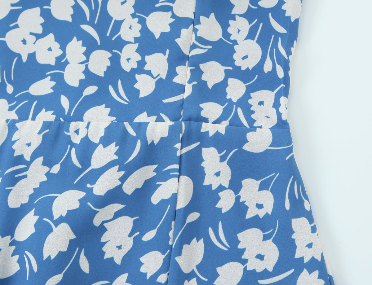 Women Summer Pastoral Printed Mini Dress A line Short Skirt Lace up Slim Chiffon Cami Dress