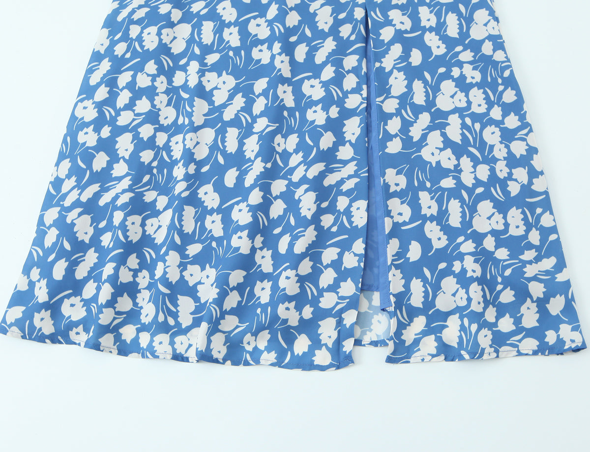 Women Summer Pastoral Printed Mini Dress A line Short Skirt Lace up Slim Chiffon Cami Dress