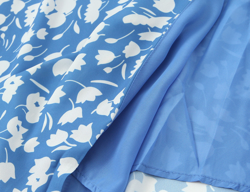 Women Summer Pastoral Printed Mini Dress A line Short Skirt Lace up Slim Chiffon Cami Dress