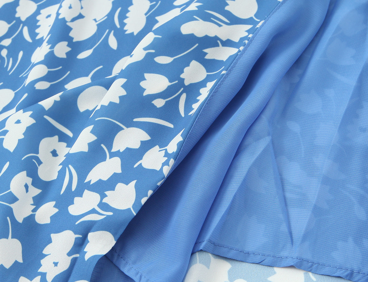 Women Summer Pastoral Printed Mini Dress A line Short Skirt Lace up Slim Chiffon Cami Dress