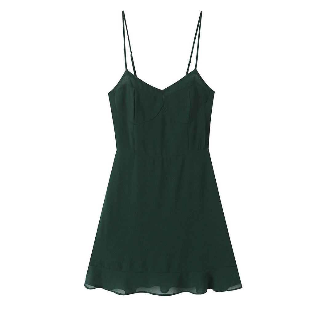 Summer French Sexy Retro Solid Color Slim Fit Slim Sexy Ruffled Spaghetti Straps Dress