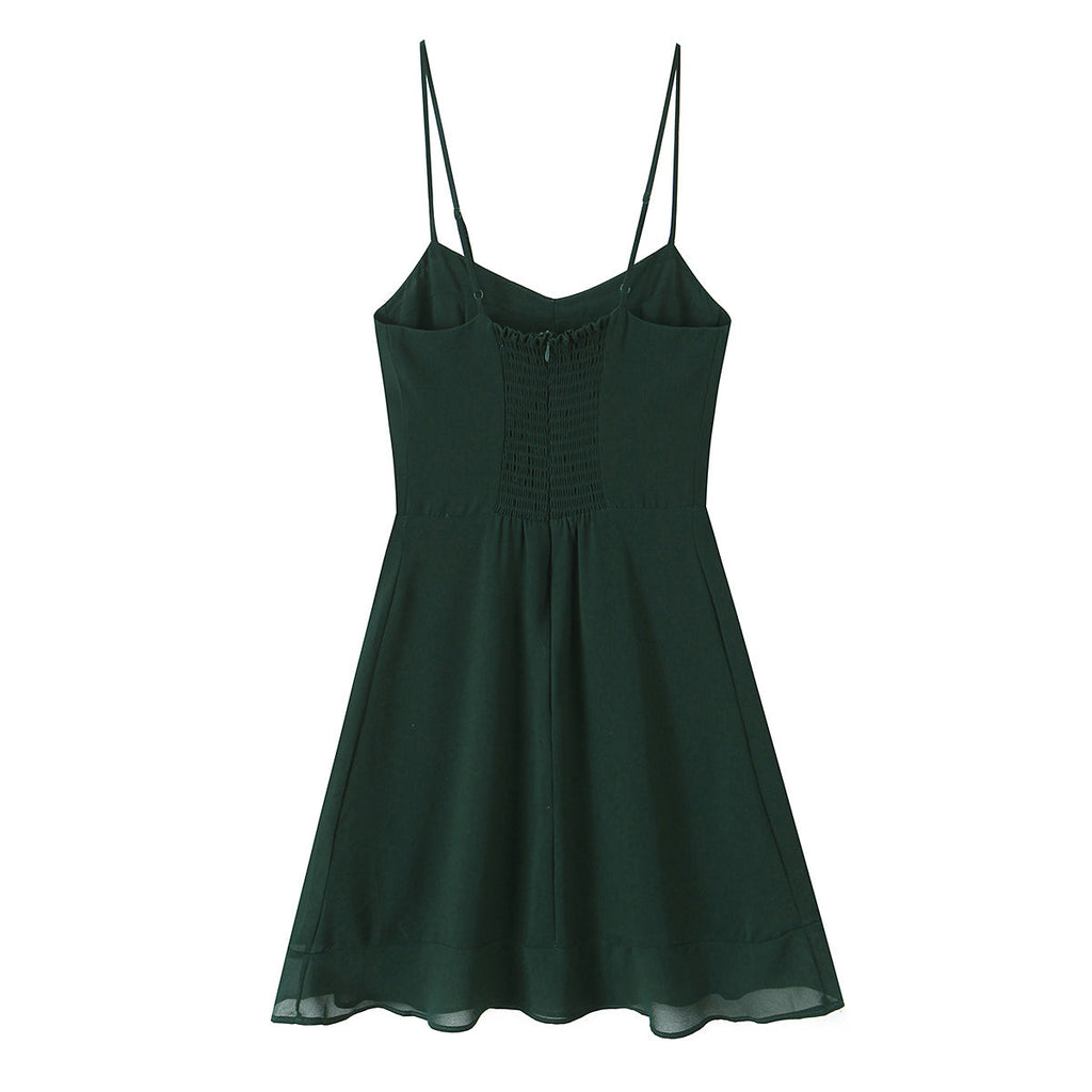 Summer French Sexy Retro Solid Color Slim Fit Slim Sexy Ruffled Spaghetti Straps Dress