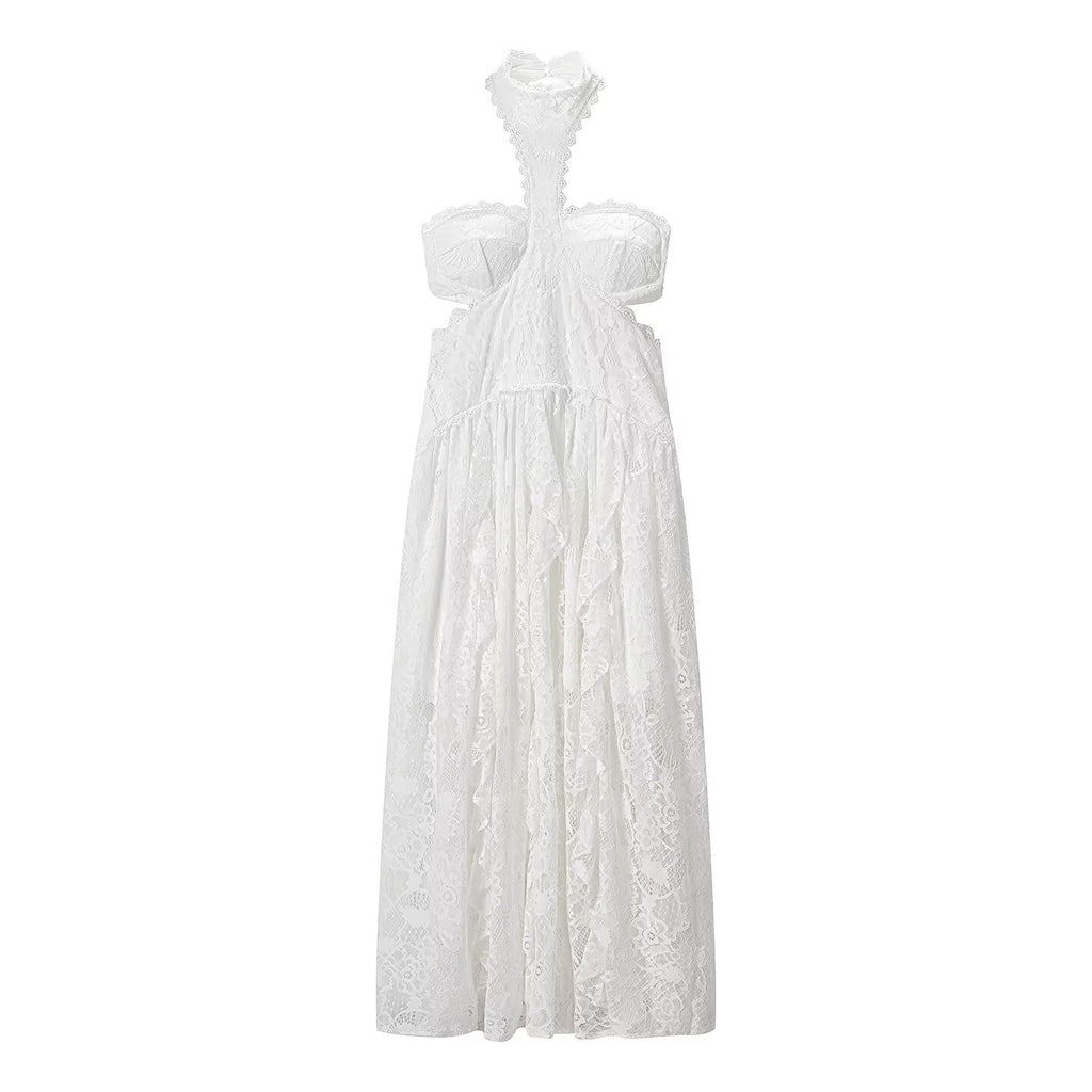 Lace Embroidered Silk Lace Tulle Backless French Halter Dress Women Summer Vacation Lightweight Dress