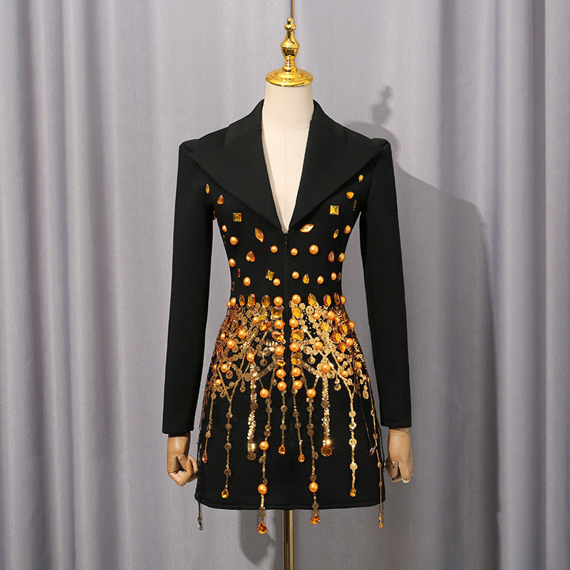 Street Long Sleeve Dress Women Spring Autumn Tassel Rhinestone Women Short Dress