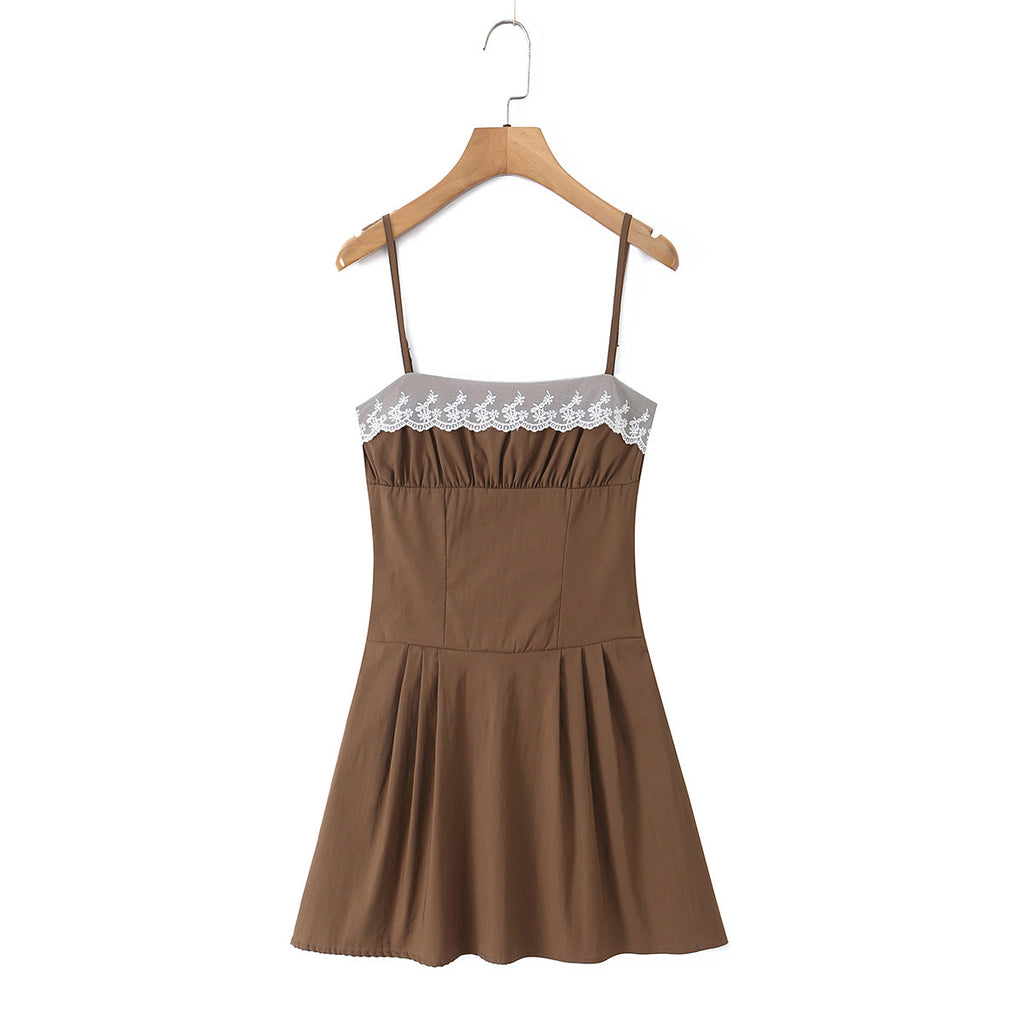 French Minority Sweet Beauty Blogger Embroidered Lace Stitching Lace up Waist Controlled Slimming A line Slip Dress